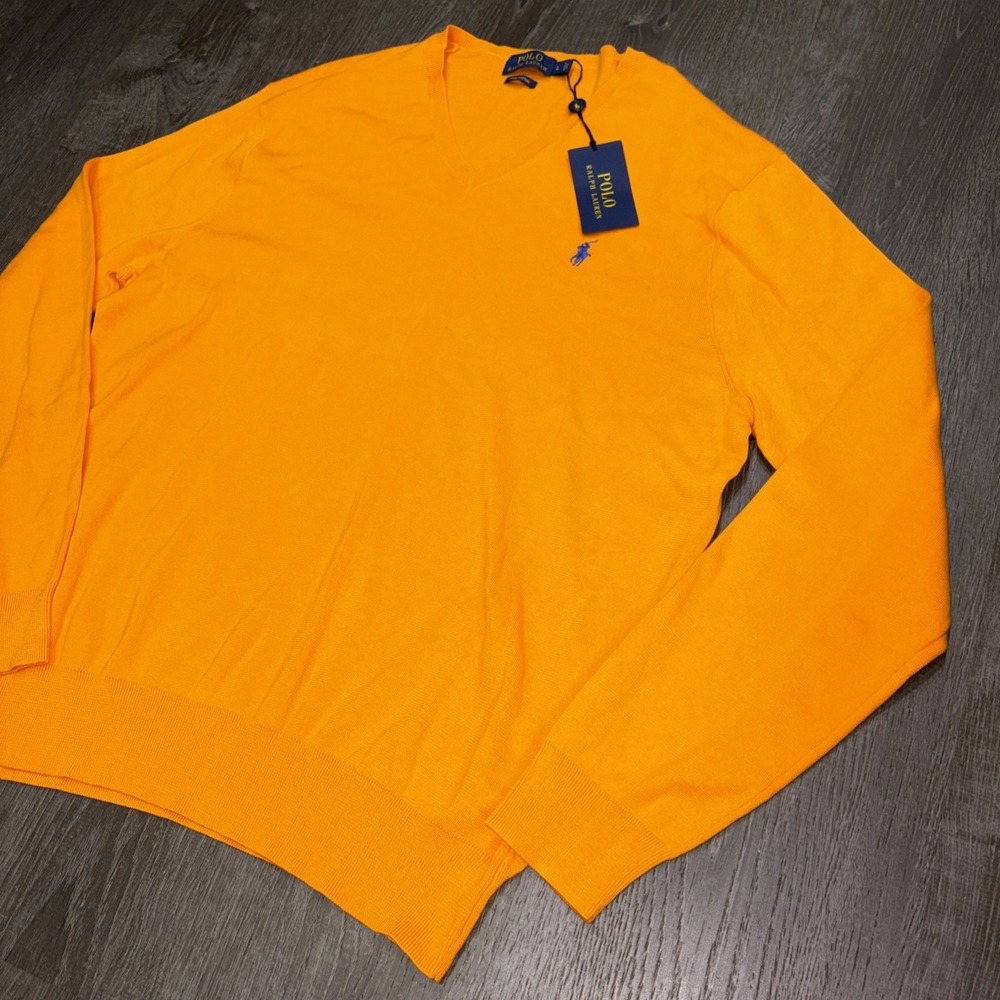NWT Polo Ralph Lauren Sweater Mens L Orange V Neck Pima Cotton Classic Golf Fit